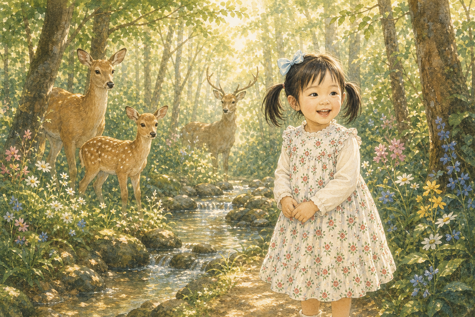 Storybook girl and deer near a woodland stream