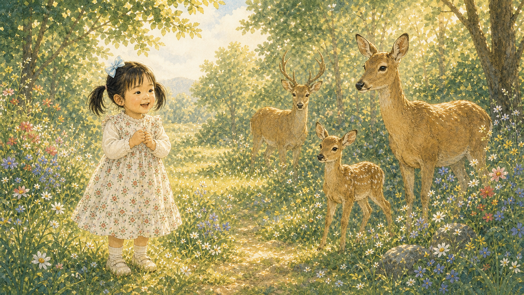 Storybook girl meeting deer in a sunny meadow