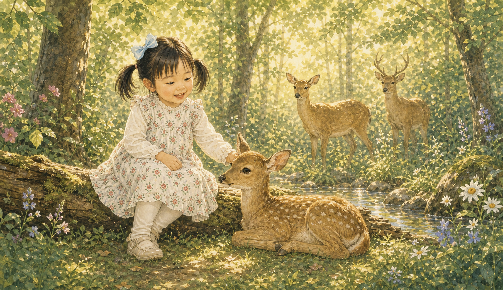 Storybook girl sitting on a mossy log with deer