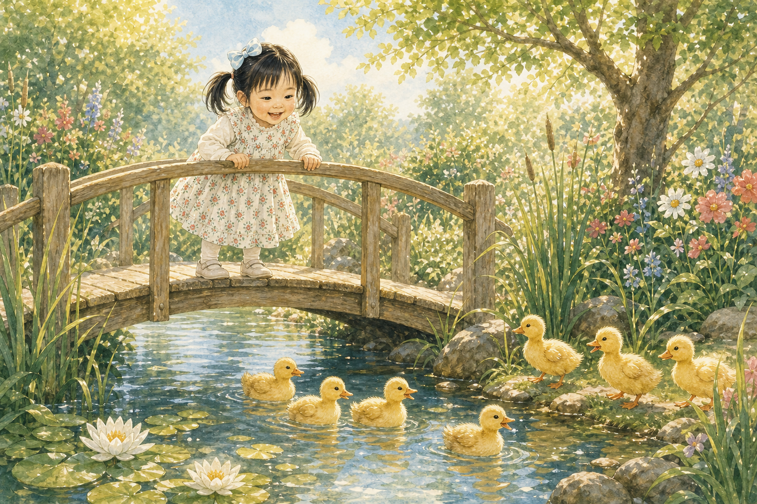 Storybook girl watching ducklings from a bridge