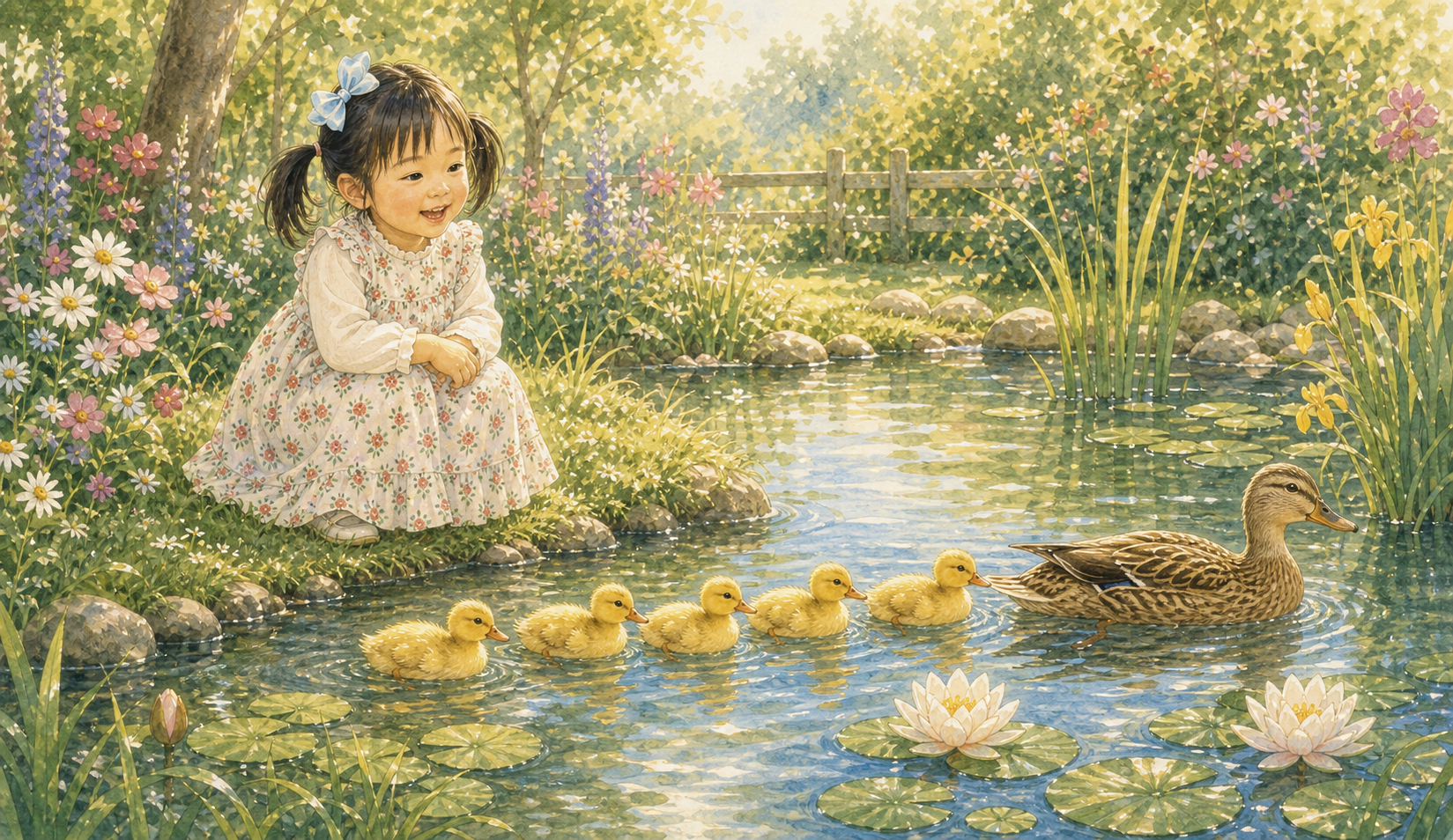 Storybook girl sitting by a pond with ducks