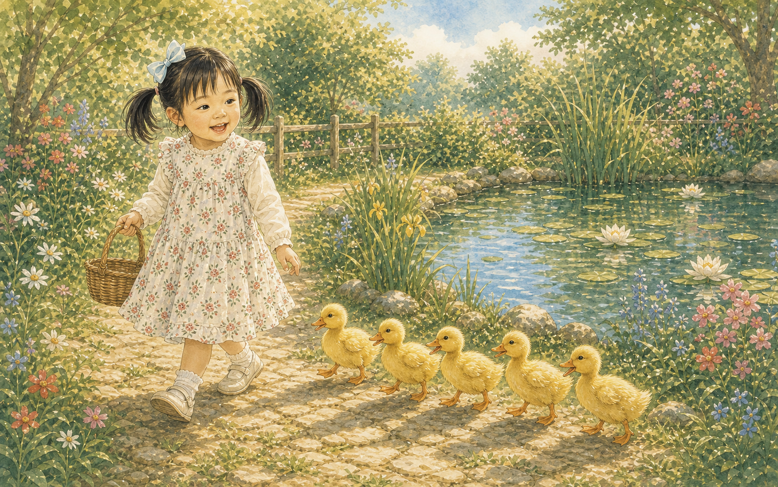 Storybook girl leading ducklings along a garden path