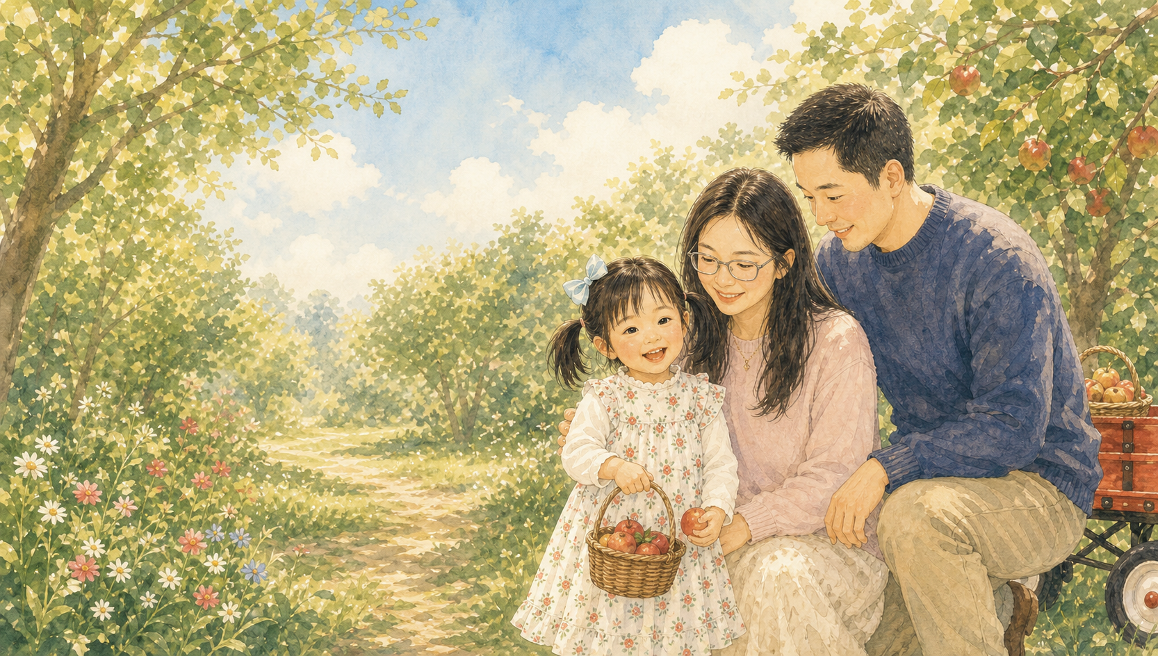 Storybook illustration of Lulu, Bubu, and Ermiao in an orchard