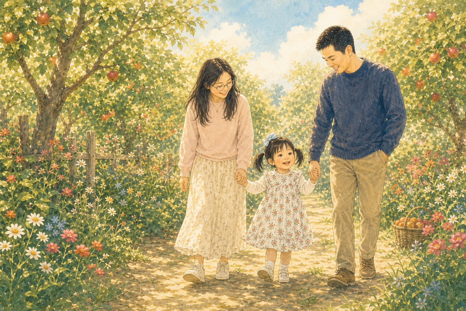 Storybook family walking through an orchard