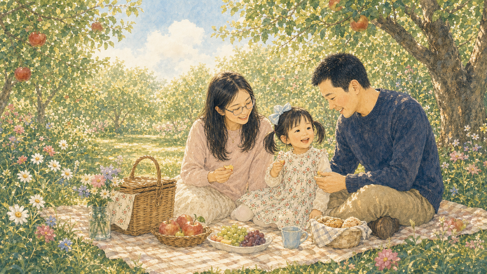 Storybook family picnic under orchard trees