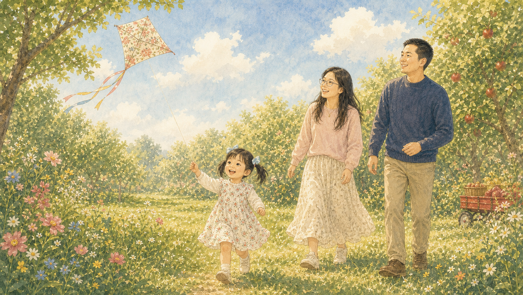 Storybook family flying a kite in an orchard meadow