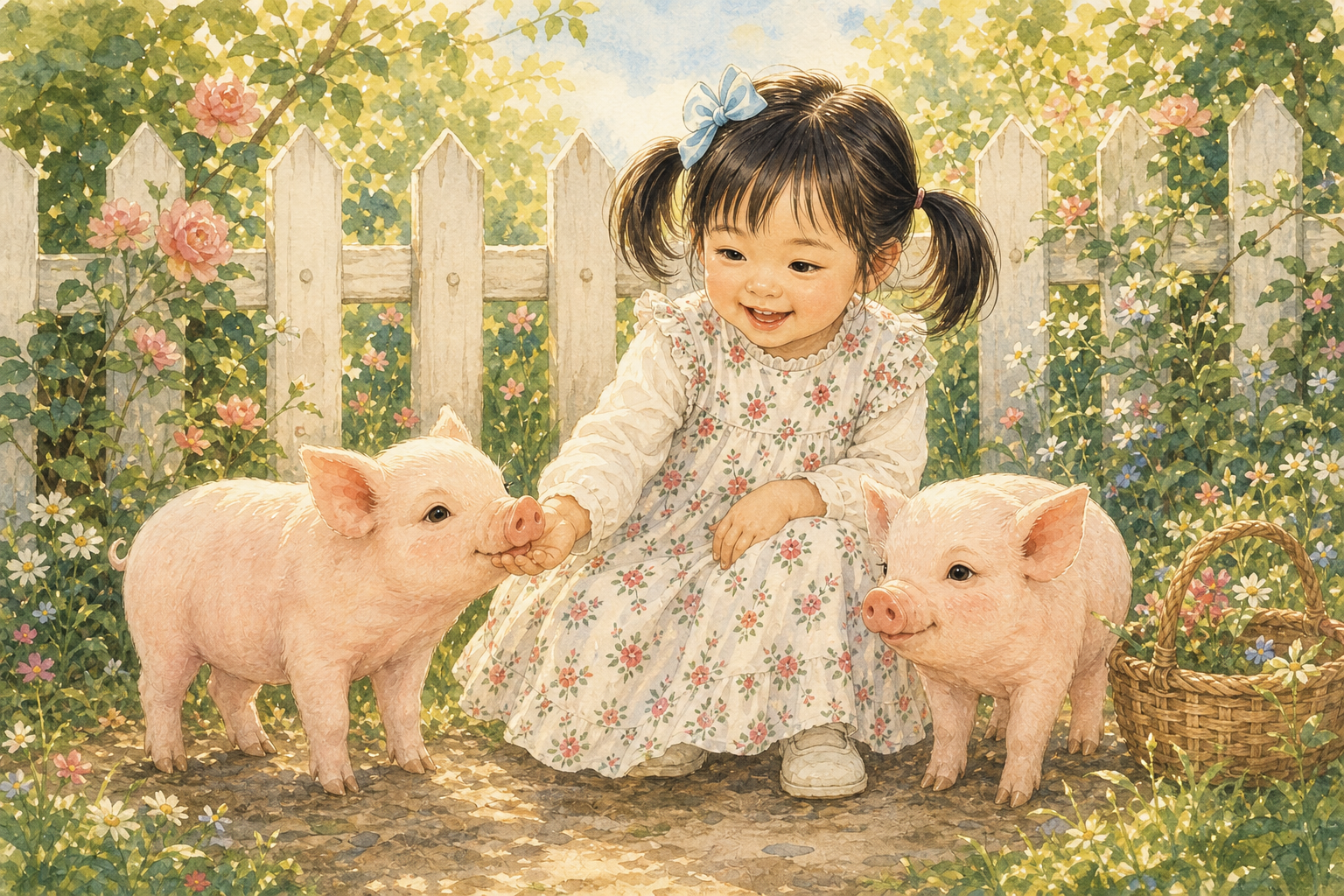 Storybook girl with piglets by a garden fence