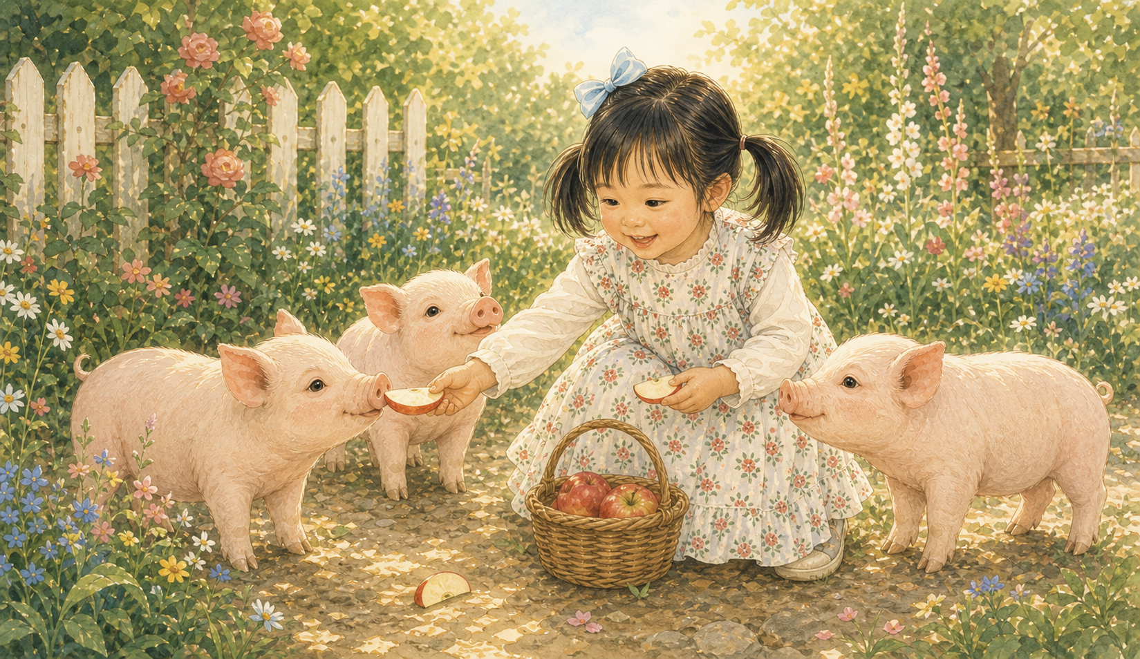 Storybook girl feeding apples to piglets