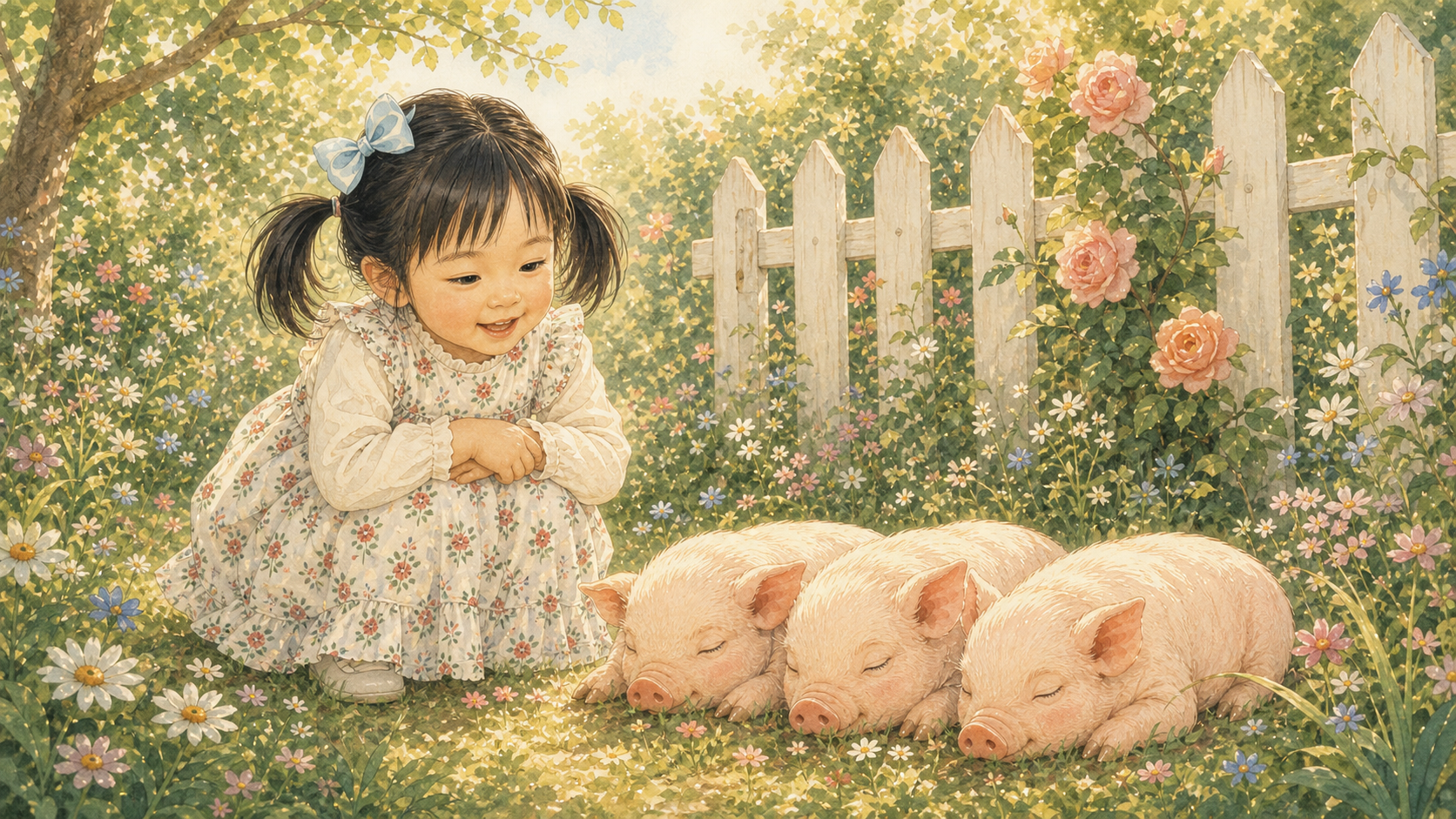 Storybook girl watching sleepy piglets in flowers